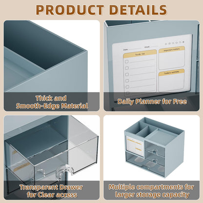 Desk Organizer with 3 Drawer, Multi-Functional Pencil Pen Holder for Desk, Desktop Organizer Storage for Office Home Art Supplies (Blue)