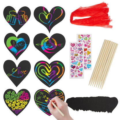 Rainbow Magic Scratch Art Set, 28 Heart Scratch Paper with Ribbons for Valentines Decorations, Scratch Art for Kids Class with 2Pcs 3D Stickers, Valentines Day Gifts for Kids (28 PCS Valentine Craft)
