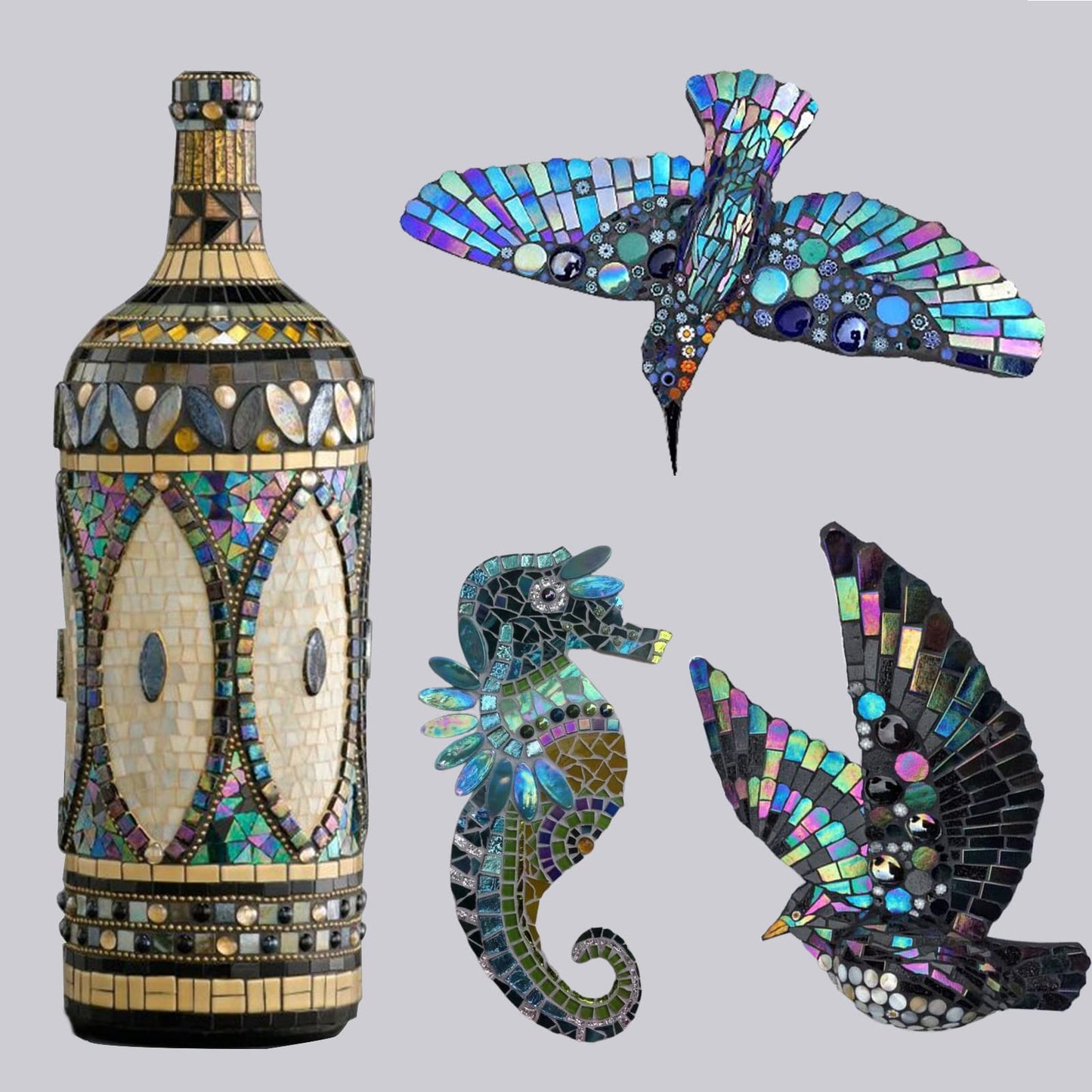 Iridescent Glass Mosaic Tiles for Crafts, 240 Pieces 5 Shapes Mixed Stained Glass Sheets, Mosaic Kits for Adults (Iridescent Black)