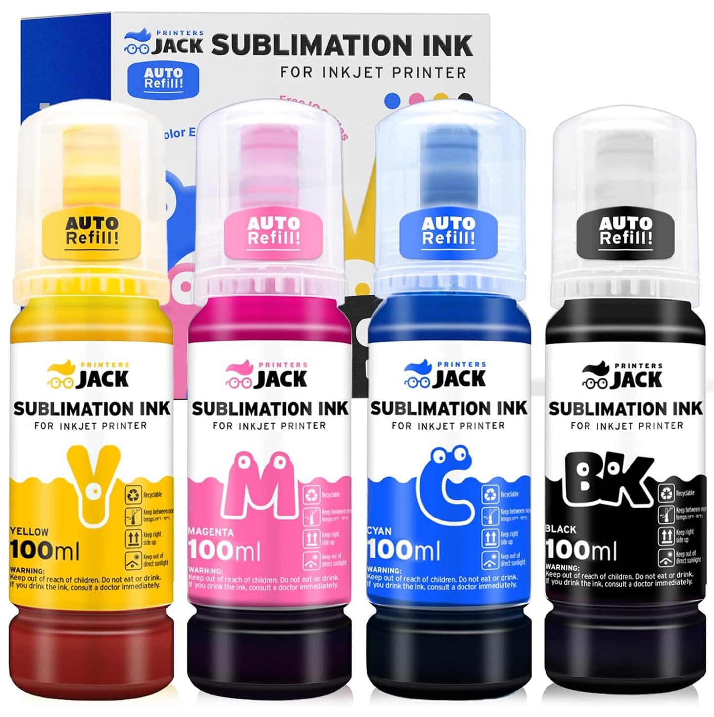 4x100ml Sublimation Ink Auto Refill for Supertank Printers ET2800 ET15000 ET-2720 ET-4700 ET-2760 ET-3760 ET-4760 ET-2700 ET-2750 ET-4750 L3110 L3150 /Upgrade Version/Free ICC Printing