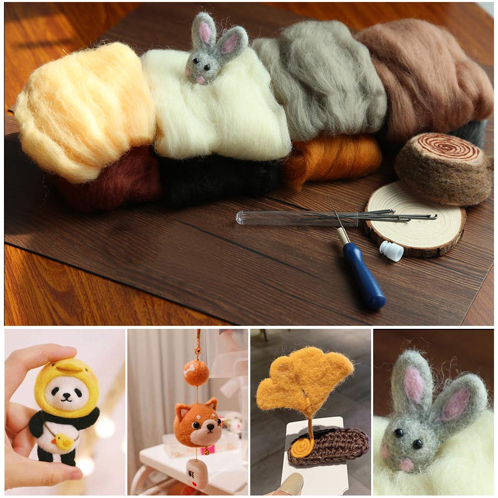 Needle Felting Kit, Needle Felting Starter Kit, 8 Colors Wool Roving Yarn with Wool Felt Tools for Beginners Spinning Felting Supplies, 8g/Color (Dark)