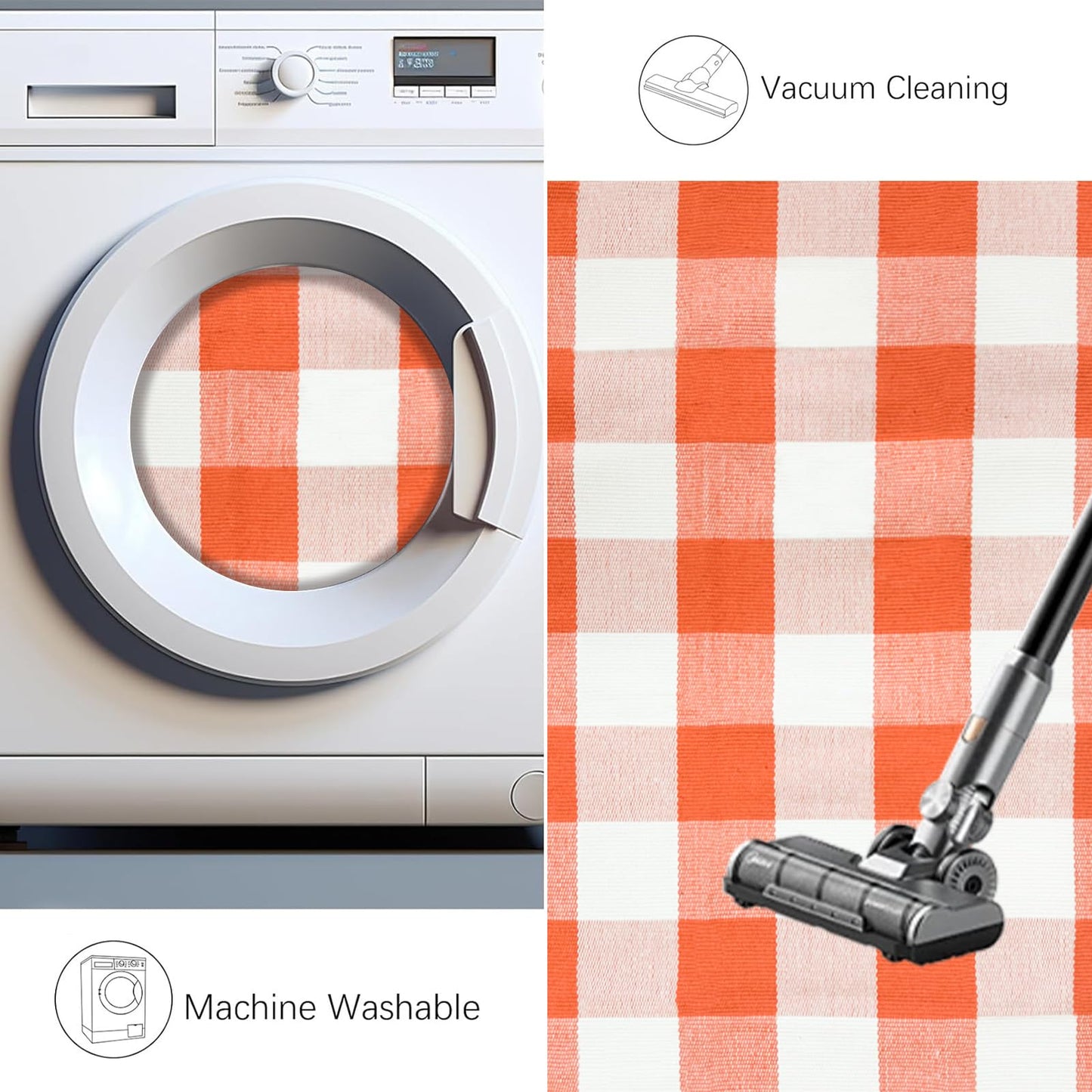 Buffalo Plaid Check Rug Orange and White Cotton Rug 27.5"x43.3" Machine Washable Outdoor Rugs Layered Doormats for Porch Kitchen Farmhouse