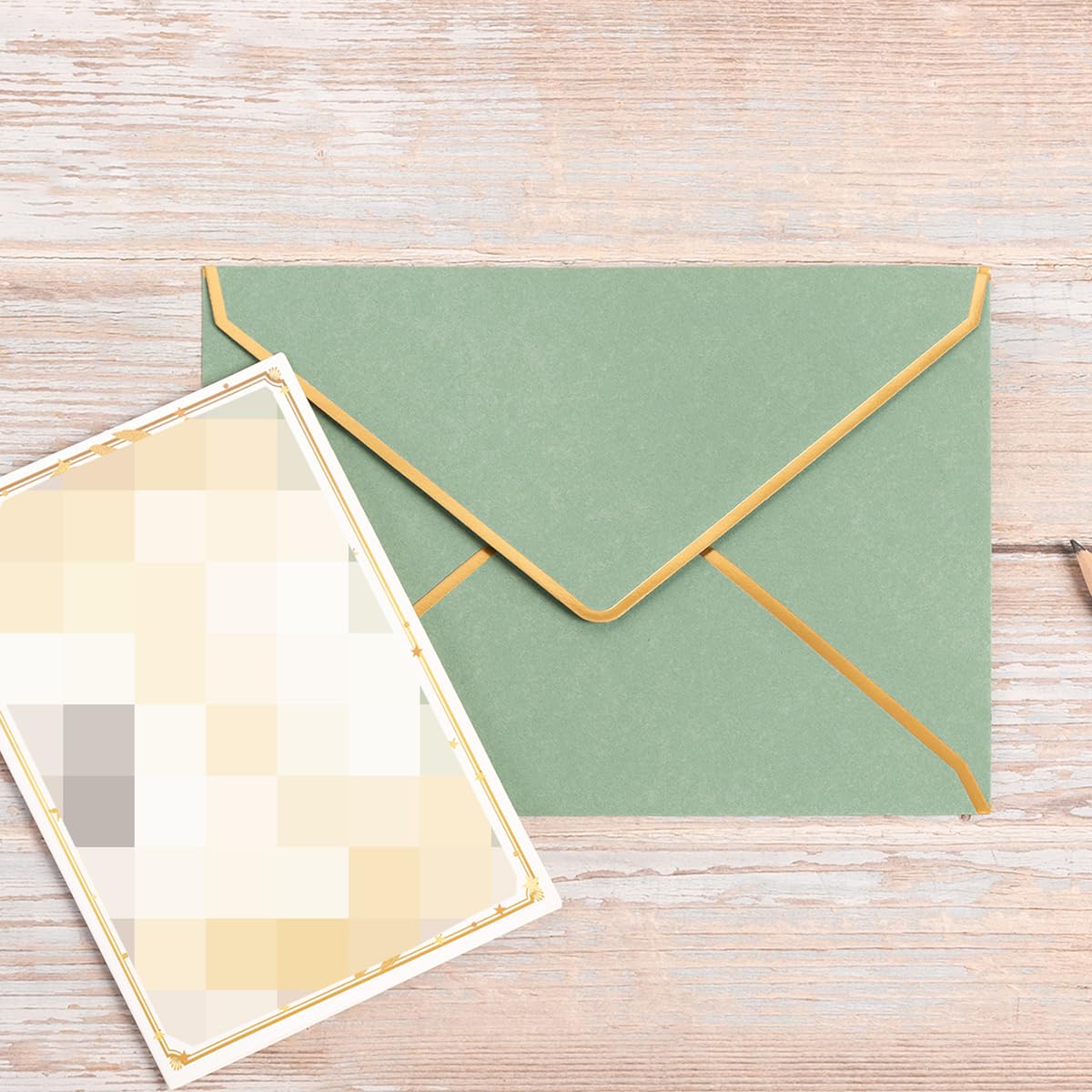 50 Pack Sage Green A7 Envelopes 5 x 7 Self-Adhesive V Flap Envelopes with Gold Border for Office, Greeting Card, Wedding, Graduation, Baby Shower, Parties, Invitations (Sage Green, 5x7)
