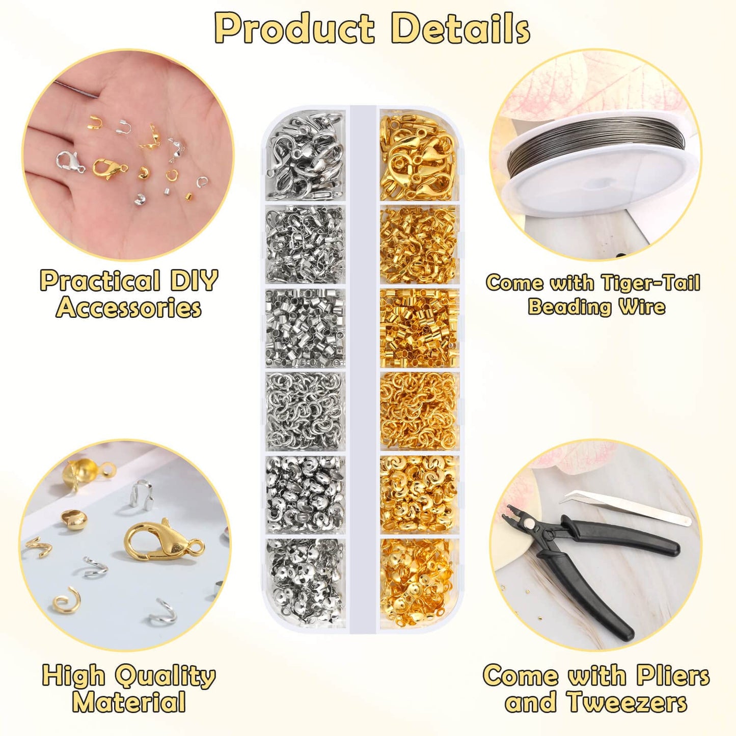 1200 Pcs Crimp Beads Kit for Jewelry Making,   Crimp Beads, Crimp Covers, Crimp Tubes and Wire Guardians, Lobster Clasps, Jump Rings, Crimping Pliers and Beading Wire for Jewelry Making