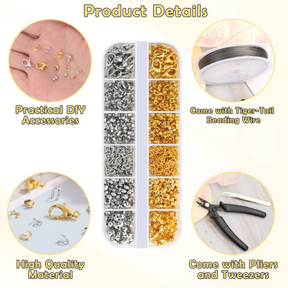 1200 Pcs Crimp Beads Kit for Jewelry Making,   Crimp Beads, Crimp Covers, Crimp Tubes and Wire Guardians, Lobster Clasps, Jump Rings, Crimping Pliers and Beading Wire for Jewelry Making