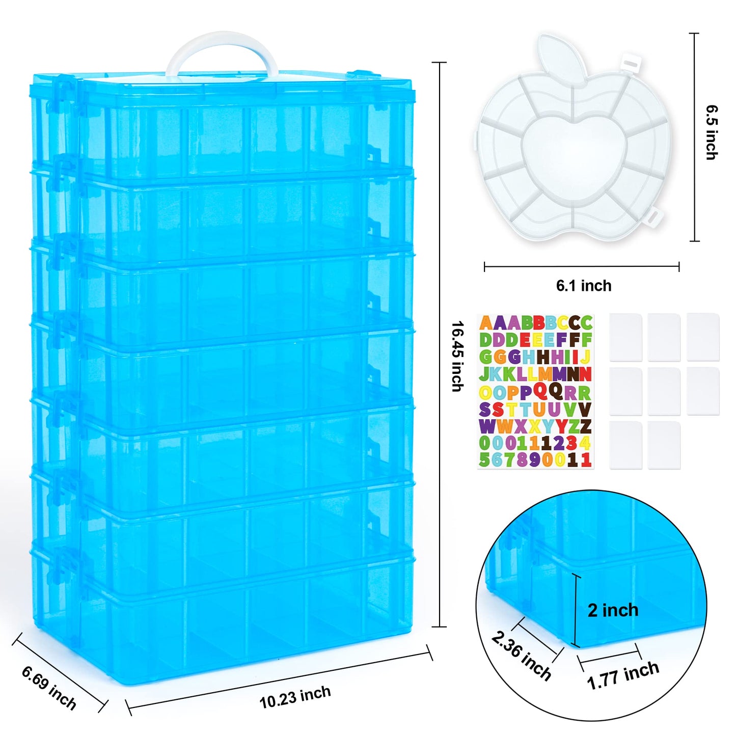 7 Layers Stackable Storage Container, 70 Adjustable Compartments (Blue) Stackable Storage Container, Perfect for Kids Toys, Art Crafts, Jewelry, Supplies, Mini Case & Letter Sticker Included