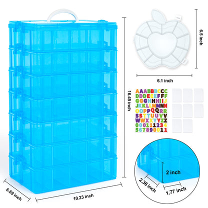 7 Layers Stackable Storage Container, 70 Adjustable Compartments (Blue) Stackable Storage Container, Perfect for Kids Toys, Art Crafts, Jewelry, Supplies, Mini Case & Letter Sticker Included