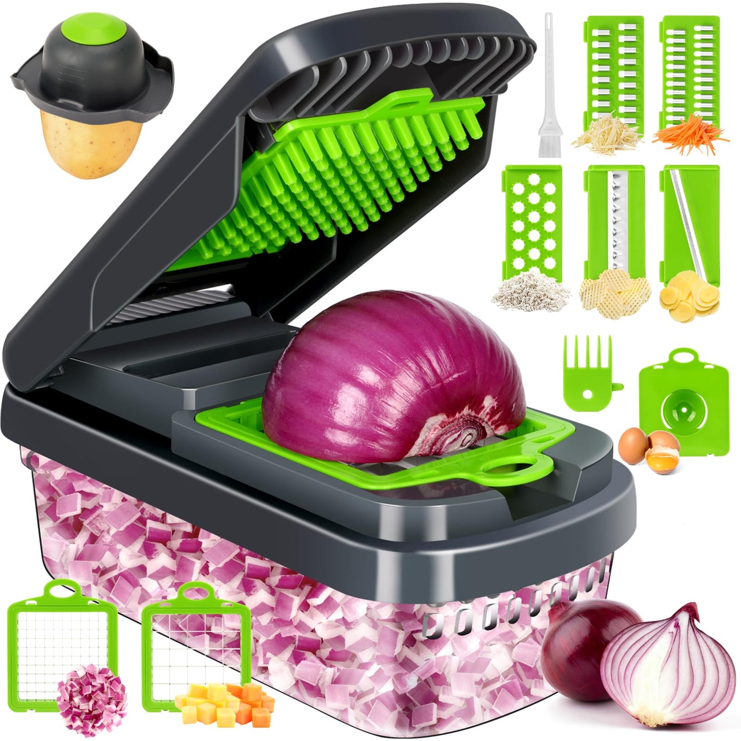 Vegetable Chopper,12-in-1 Multifunctional Food Chopper,Professional Onion Chopper with 7 Blades,Vegetable Cutter with Container for Salad,Potato,Carrot,and Garlic; Essential Kitchen Tool(Grey) & Organizer Storage Tote Bag