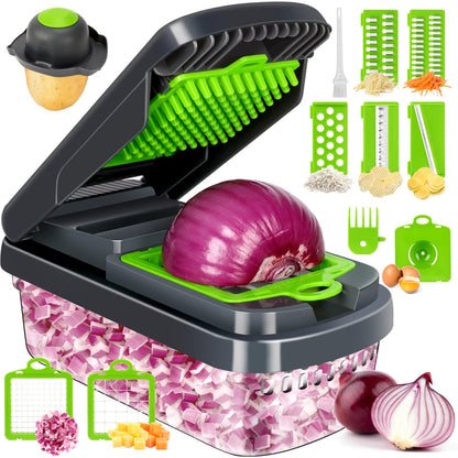 Vegetable Chopper,12-in-1 Multifunctional Food Chopper,Professional Onion Chopper with 7 Blades,Vegetable Cutter with Container for Salad,Potato,Carrot,and Garlic; Essential Kitchen Tool(Grey) & Organizer Storage Tote Bag