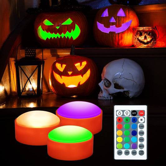 Pumpkin Lights with Remote Control and Timers,RGBW Color Changing Jack-O-Lantern Battery Operated Lights for Halloween Decor,Flickering Flameless Candle for Pumpkin Decoration,3 Pack