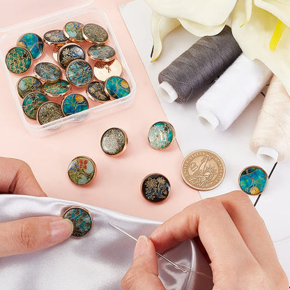 24pcs 6 Styles Enamel Shank Buttons - 18mm Alloy, Tree Theme, Green, Gold, Vintage, Round, for DIY Sewing Crafts