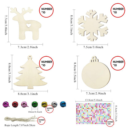 40 Pcs Wooden Ornaments Unfinished Christmas DIY Ornaments Craft Kit, Christmas Wood Ornaments with Bells, Wax Rope and Rhinestone Stickers for Children Arts and Crafts Supplies