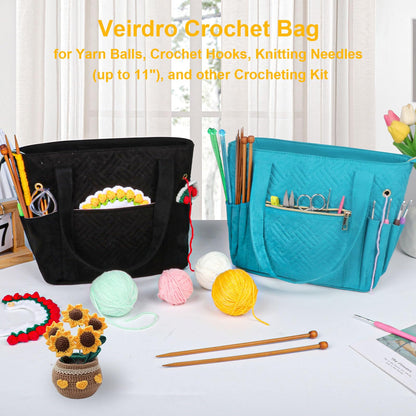 Crochet Bag Organizer for Yarn Storage, Velvet Knitting Tote Bag with Double Handle for Crochet Accessories, Portable Travel Case for Yarn Balls, Crochet Hooks& Knitting Needles Holder (Black)