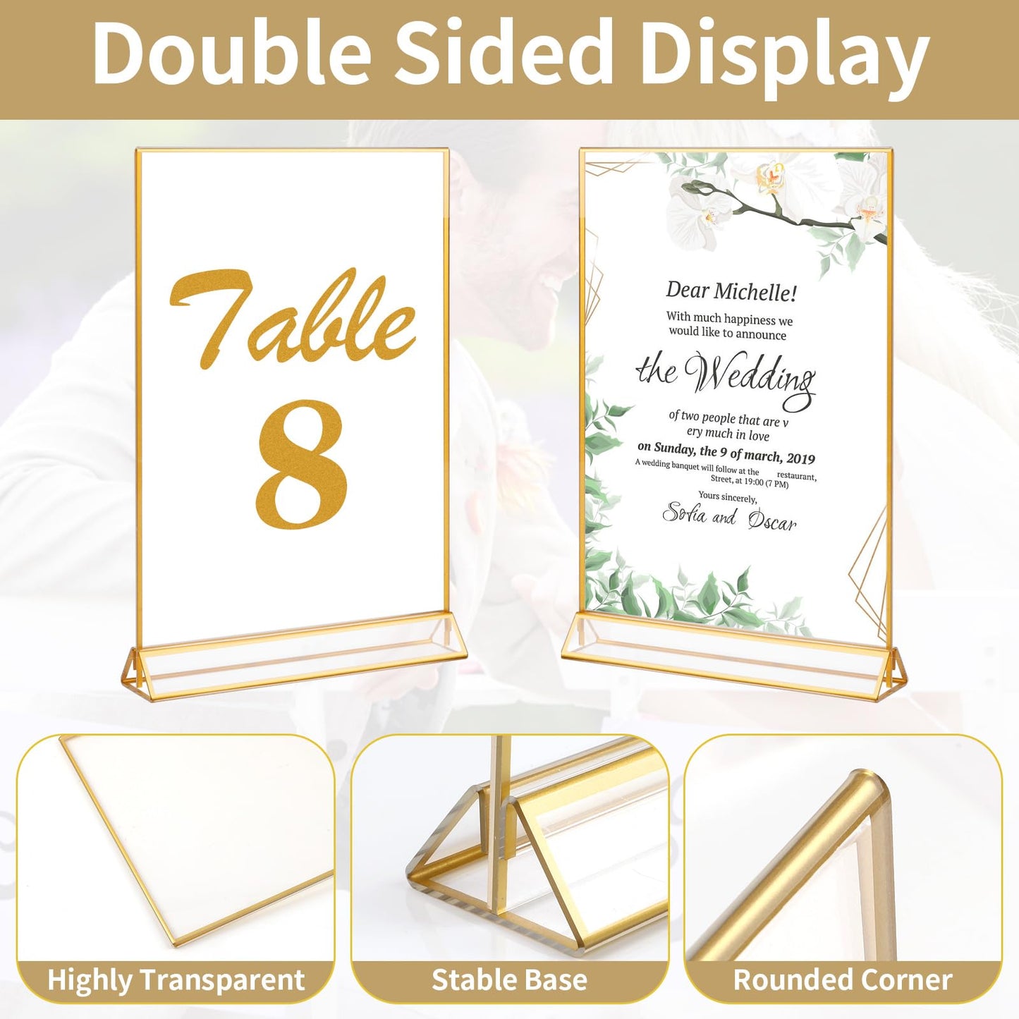 Gold Acrylic Sign Holder 4X6 inch, 6 Pack Wedding Table Number Frames Vertical , Double Sided Display Gold Picture Frame, Clear Menu Holders for Wedding Reception, Party Decoration