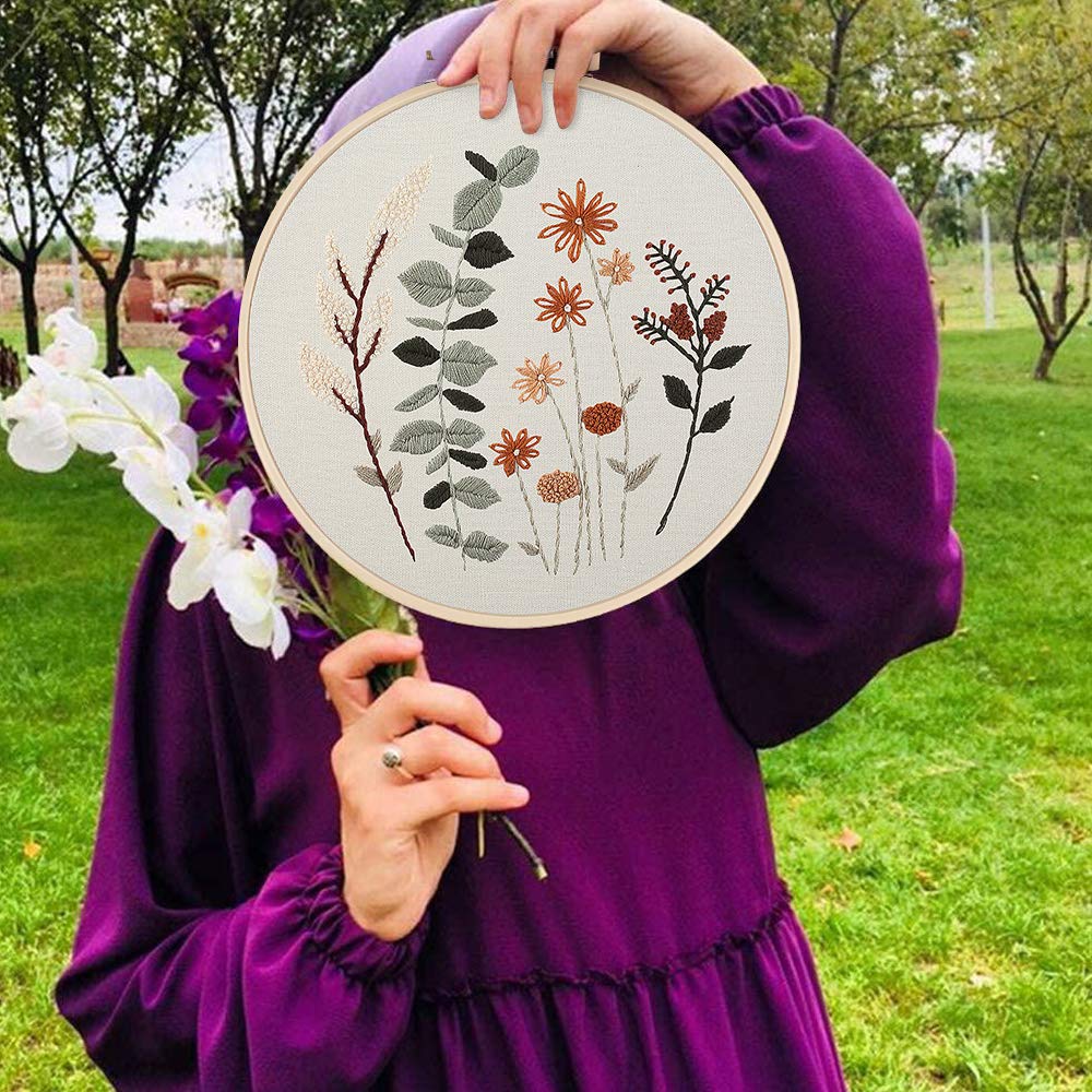 3 Pack Embroidery Starter Kit for Beginners Stamped Cross Stitch Kits with Cute Flowers and Plants Patterns with 1 Embroidery Hoop and Color Threads for Adults Kids