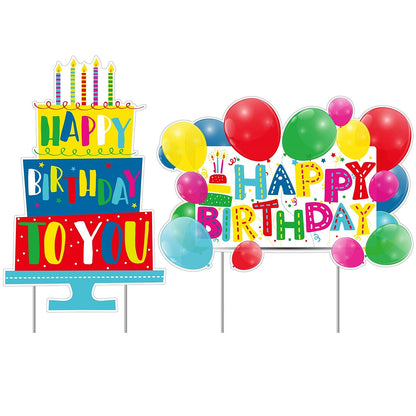 2 Pack Outdoor Lawn Decorations - Birthday Cake & Balloons Yard Signs with Stakes for Home Party Decorations