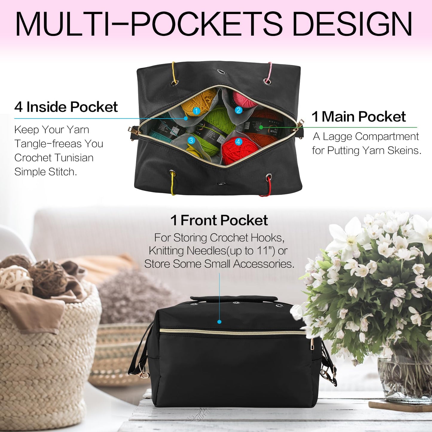 home Yarn Bag Crochet Bag Organizer Knitting Bag Organizer Crochet Storage Yarn Holder for Crochet Accessories Yarn Storage Bag for Crocheting Gifts for Crochet Lovers,Mom,Women,Black