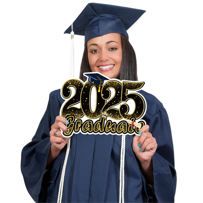 Graduation Yard Sign Decorations 2025, 8 PCS Large Congrats Grad Yard Stakes, Gold and Black Graduation Lawn Signs Decor, Waterproof Outdoor Graduation Party Supplies