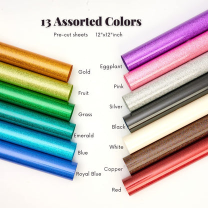 Glitter HTV Heat Transfer Vinyl 12"x12" Bundle 13 Sheets Iron on Vinyl for T-Shirts Gifts Design(Assorted)