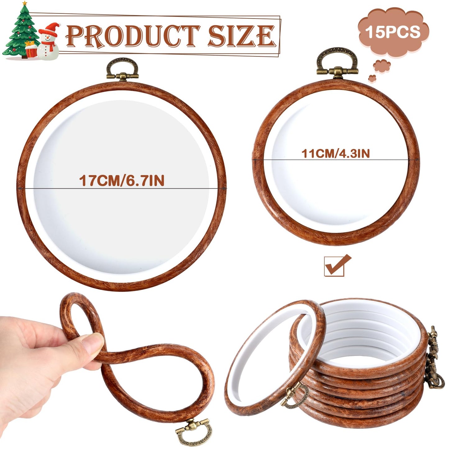 15 Pcs 4 Inch Round Embroidery Frames Pack Hoops Circle Rubber Hoops Ring Display Cross Stitch Ornament Imitated Wood Frame Kits for Father's Day Craft Sewing DIY Hanging Gifts