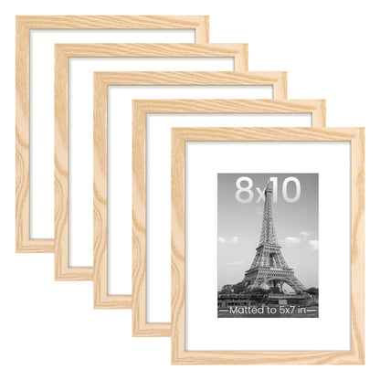 8x10 Picture Frame Set of 5, Display Pictures 5x7 with Mat or 8 x 10 Without, Wall Gallery Photo Frames, Natural