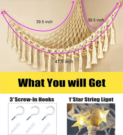 Stuffed Animal Toy Storage Hammock with LED Light - Macrame Jumbo Doll Corner Stuff Animals Organizer Decorations - Cute Hanging Plushie Net Kids Baby Nursery Bedroom Room Decor