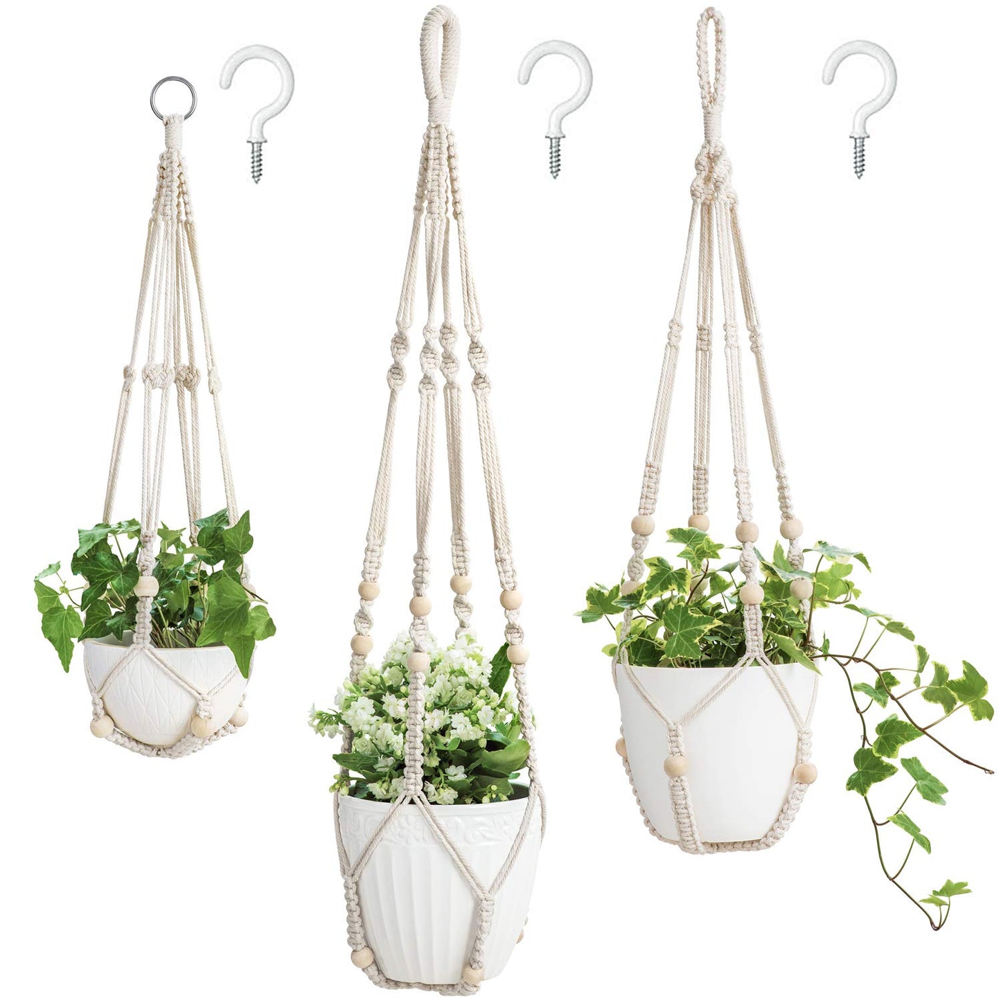 3 Pack Macrame Plant Hangers Indoor Different Size Hanging Planter Basket Flower Pot Holder with Beads No Tassels 35"/29"/23", Medium, Ivory