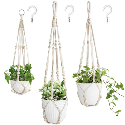 3 Pack Macrame Plant Hangers Indoor Different Size Hanging Planter Basket Flower Pot Holder with Beads No Tassels 35"/29"/23", Medium, Ivory