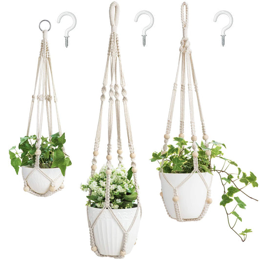 3 Pack Macrame Plant Hangers Indoor Different Size Hanging Planter Basket Flower Pot Holder with Beads No Tassels 35"/29"/23", Medium, Ivory