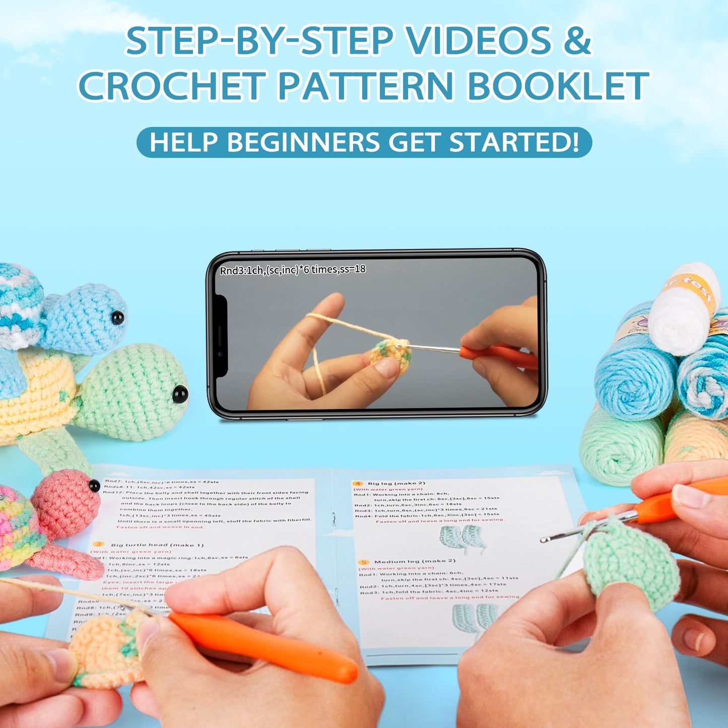 Crochet Kit for Beginners, Beginner Crochet Kit for Adults with Step-by-Step Video Tutorials, DIY Crochet Animal Kits Kids Knitting Supplies, 3 Pack Turtle Family (40%+ Yarn)