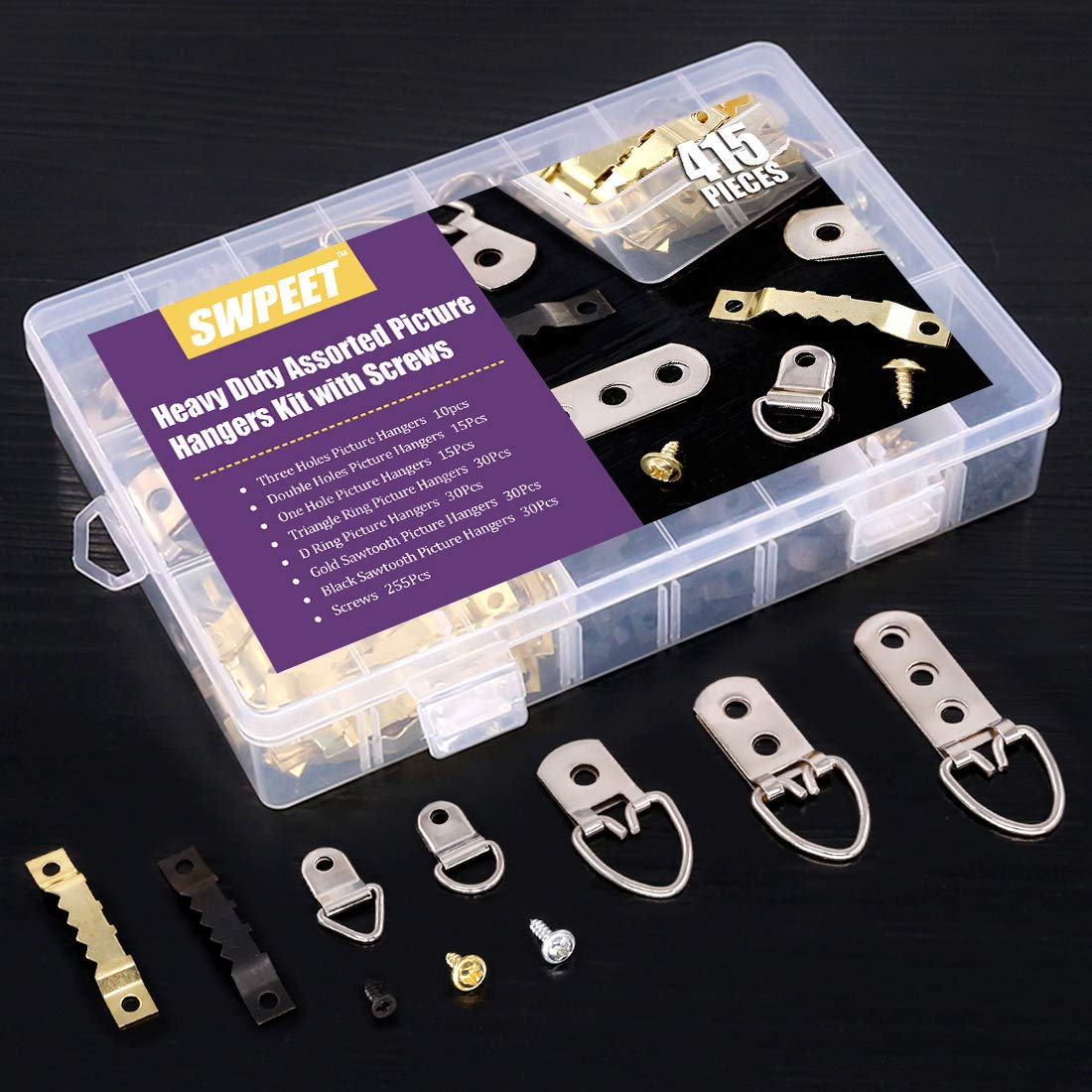 415Pcs Picture Hangers Kit with Screws, Heavy Duty Assorted Picture Hangers Assortment Kit for Picture Hanging Solutions with Transparent Box - 7 Models