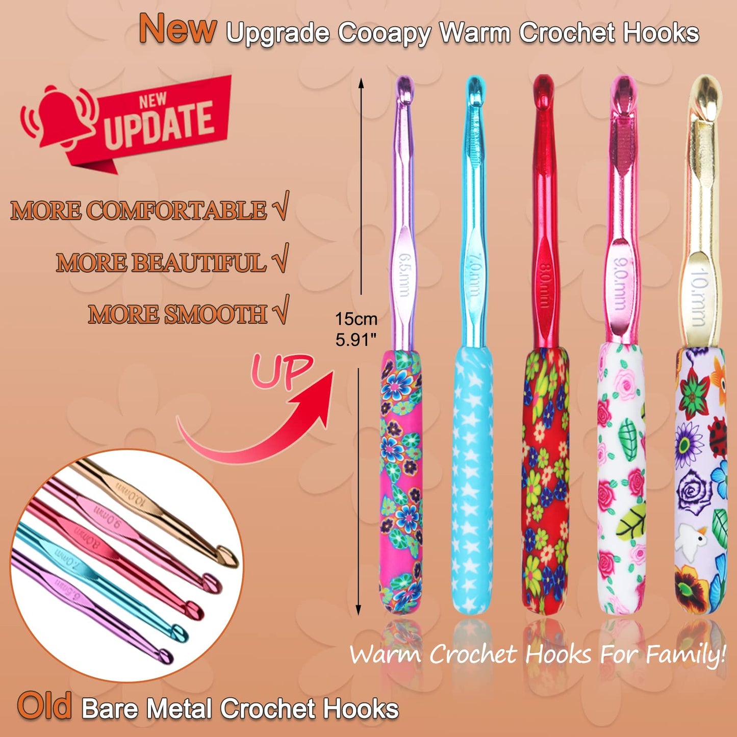 Warm Crochet Hooks Large, 10mm 9mm 8mm 7mm 6.5mm Large Crochet Hooks for Chunky Yarn Blanket Sweater Thick Wool, Big Crochet Kit for Arthritic Hands Knitting & Crochet Supplies