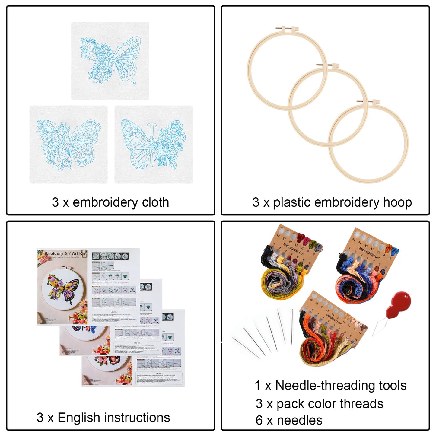 3 Sets Butterfly Embroidery Kit for Beginners Adults, Stamped Cross Stitch Kits for Beginners Include Embroidery Fabric Embroidery Hoop Threads and Needles