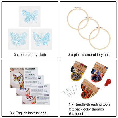 3 Sets Butterfly Embroidery Kit for Beginners Adults, Stamped Cross Stitch Kits for Beginners Include Embroidery Fabric Embroidery Hoop Threads and Needles