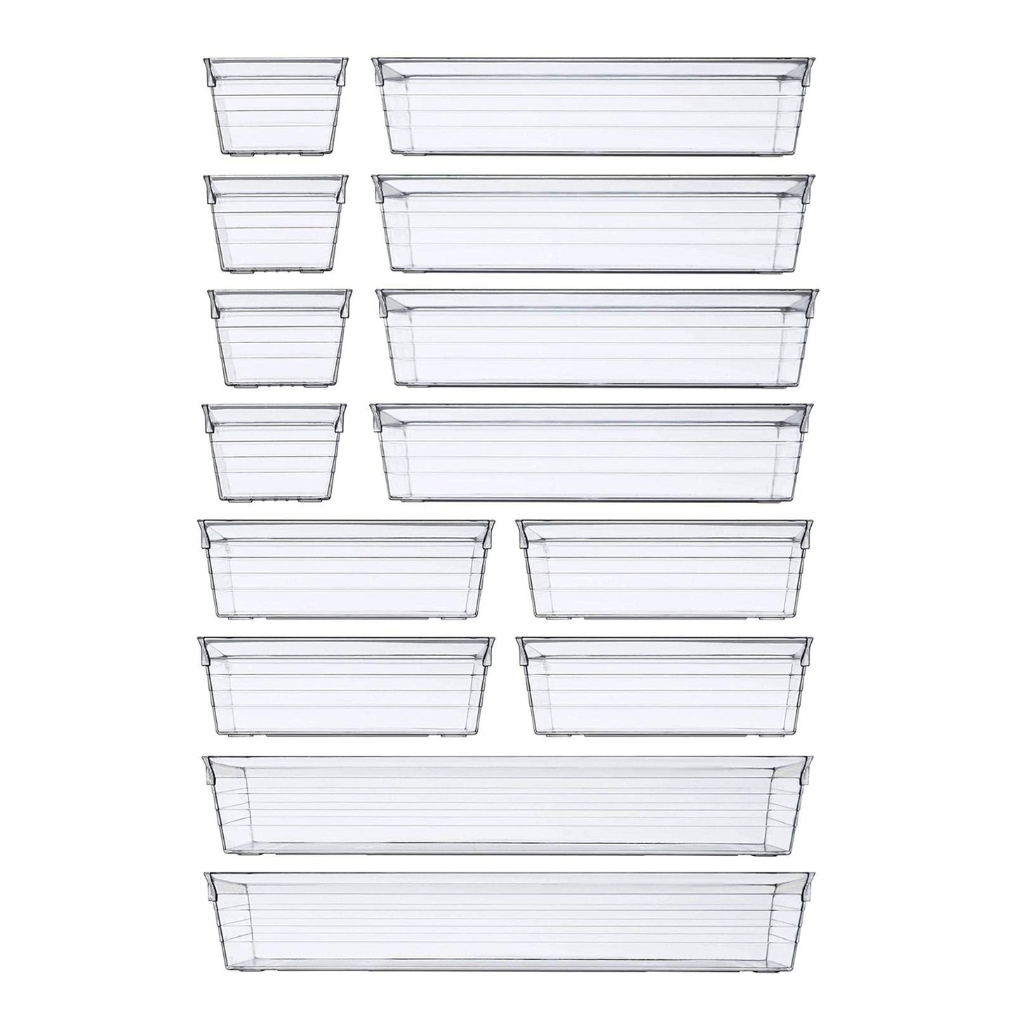 14 PCS Clear Plastic Drawer Organizer Tray, 4 Sizes Desk Drawer Divider Organizers and Storage Bins for Makeup, Kitchen Utensils, Jewelries and Gadgets