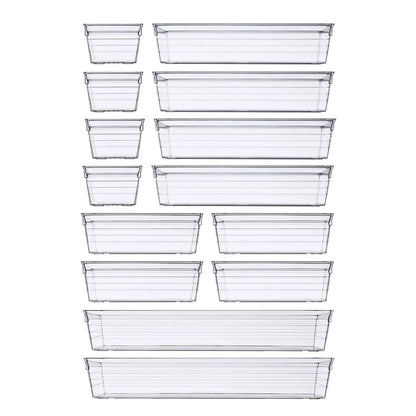 14 PCS Clear Plastic Drawer Organizer Tray, 4 Sizes Desk Drawer Divider Organizers and Storage Bins for Makeup, Kitchen Utensils, Jewelries and Gadgets