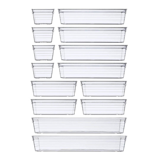 14 PCS Clear Plastic Drawer Organizer Tray, 4 Sizes Desk Drawer Divider Organizers and Storage Bins for Makeup, Kitchen Utensils, Jewelries and Gadgets