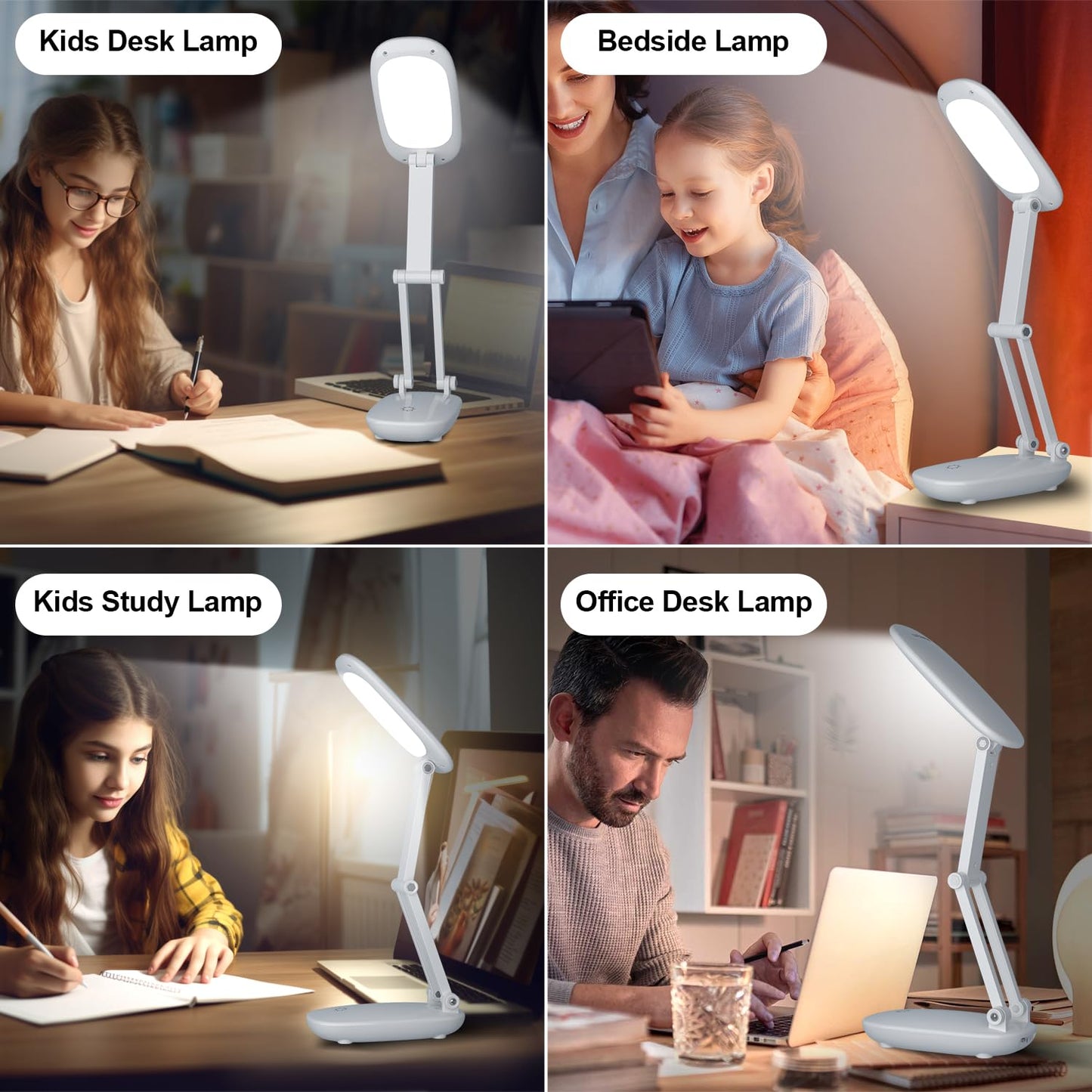 LED Desk Lamp for Office Home & Battery Operated Lamp Rechargeable Lamp Foldable & Portable Light, [2-Fold Bracket] 3 Brightness Dimmable Small Desk Lamp Wireless Reading Lamp (White)