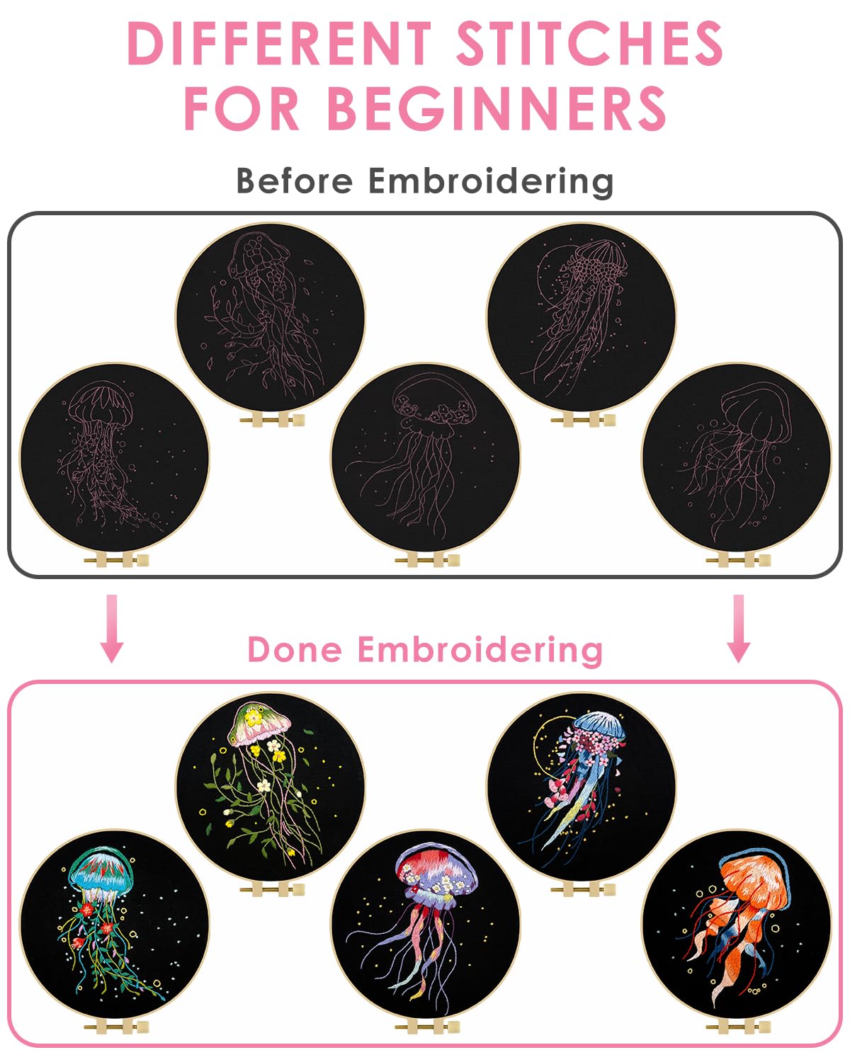 Embroidery Kit for Adults, 5 Sets Jellyfish Embroidery Kit for Beginners Include Embroidery Cloth Hoops Threads for Craft Lover Hand Stitch with Embroidery Skill Techniques