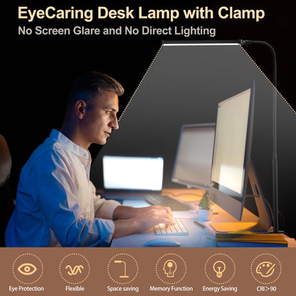 Led Desk Lamp for Home Office, Eye-Caring Desk Light with Clamp, Clip on Light for Reading, 3 Modes 10 Brightness, Flexible Gooseneck, Memory Function, Study, Work, Draw, Black