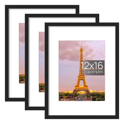 12x16 Picture Frame Set of 3, Made of High Definition Glass for 8.5x11 with Mat or 12x16 Without Mat, Wall Mounting Photo Frames, Black