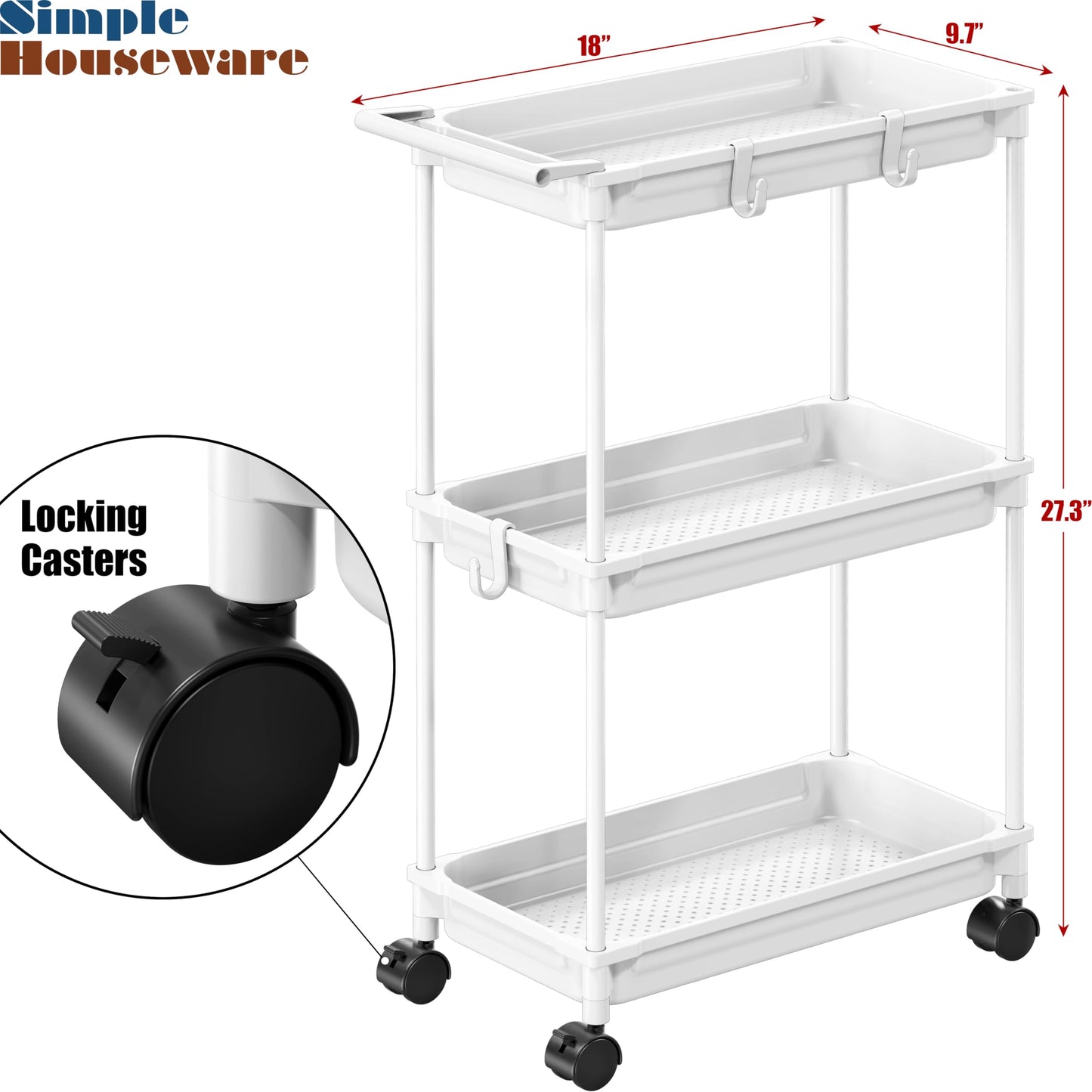 Standard 3-Tier Slim Rolling Storage Cart, White