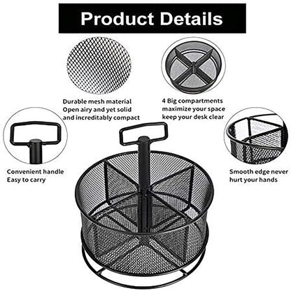 Mesh Desk Organizer, 360-Degree Rotating Multi-Functional Pen Holder, 4 Compartments Desktop Stationary Organizer, Home Office Art Supply Storage Box Caddy (Black)