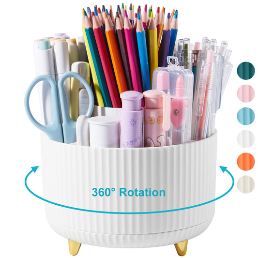 Desk Pencil Pen Holder - 5 Slot 360 Degree Rotating Desk Pen Organizer for Desktop Storage Stationery Supplies Cup Pot - White