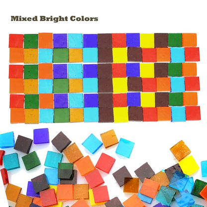 Transparent Square Glass Mosaic Tiles Pieces Stained Glass for Crafts, Mixed Colors and Patterns, 500g/1.1lb