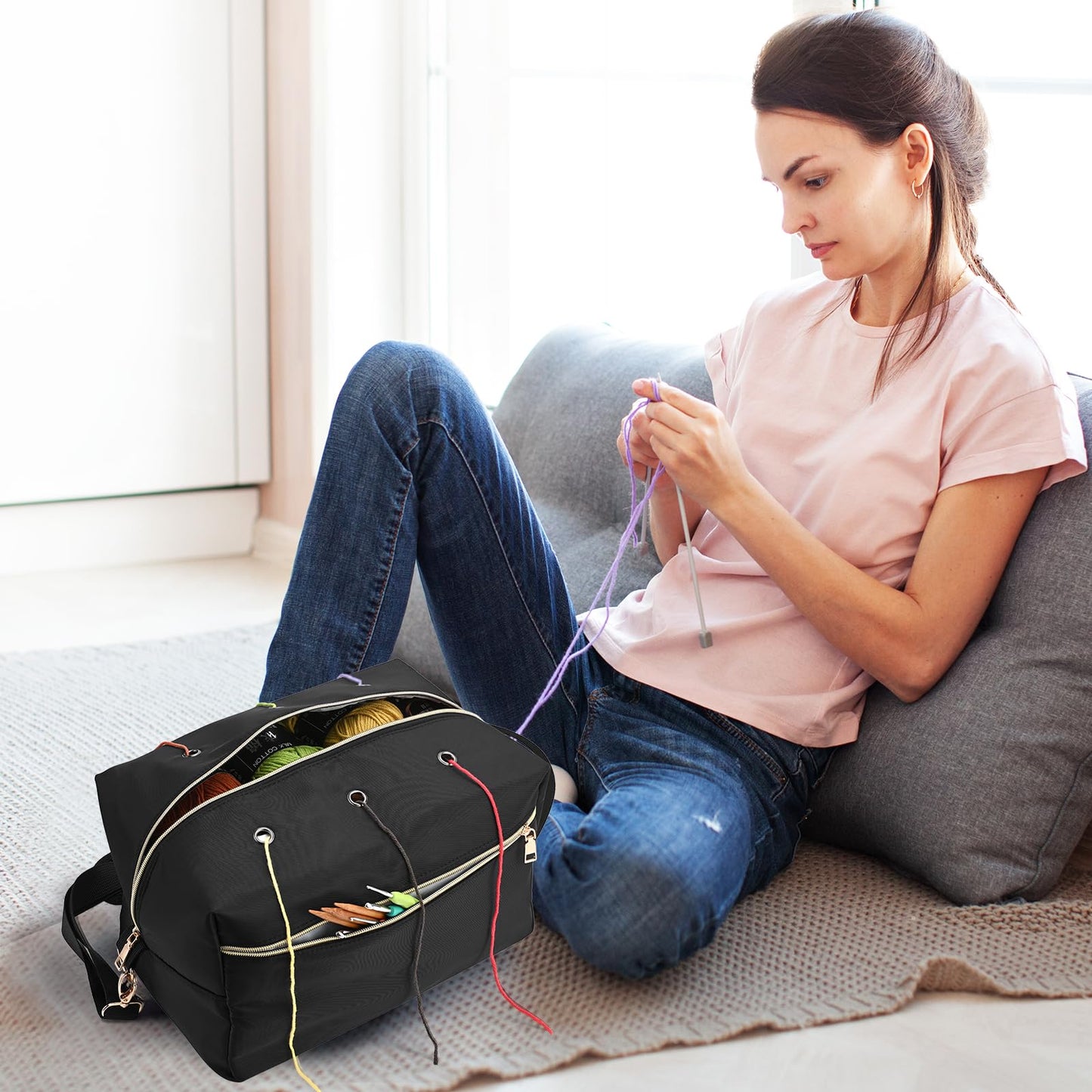 home Yarn Bag Crochet Bag Organizer Knitting Bag Organizer Crochet Storage Yarn Holder for Crochet Accessories Yarn Storage Bag for Crocheting Gifts for Crochet Lovers,Mom,Women,Black