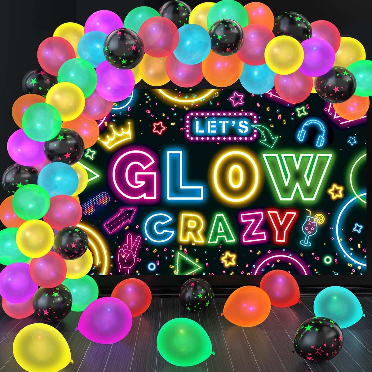 Neon Glow Party Decorations Glow in the Dark Party Supplies 60Pcs UV Blacklight Luminous Neon Balloons Arch Kit and Let's Glow Crazy Decorations Backdrop for Birthday Sleppover Decor