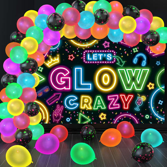 Neon Glow Party Decorations Glow in the Dark Party Supplies 60Pcs UV Blacklight Luminous Neon Balloons Arch Kit and Let's Glow Crazy Decorations Backdrop for Birthday Sleppover Decor