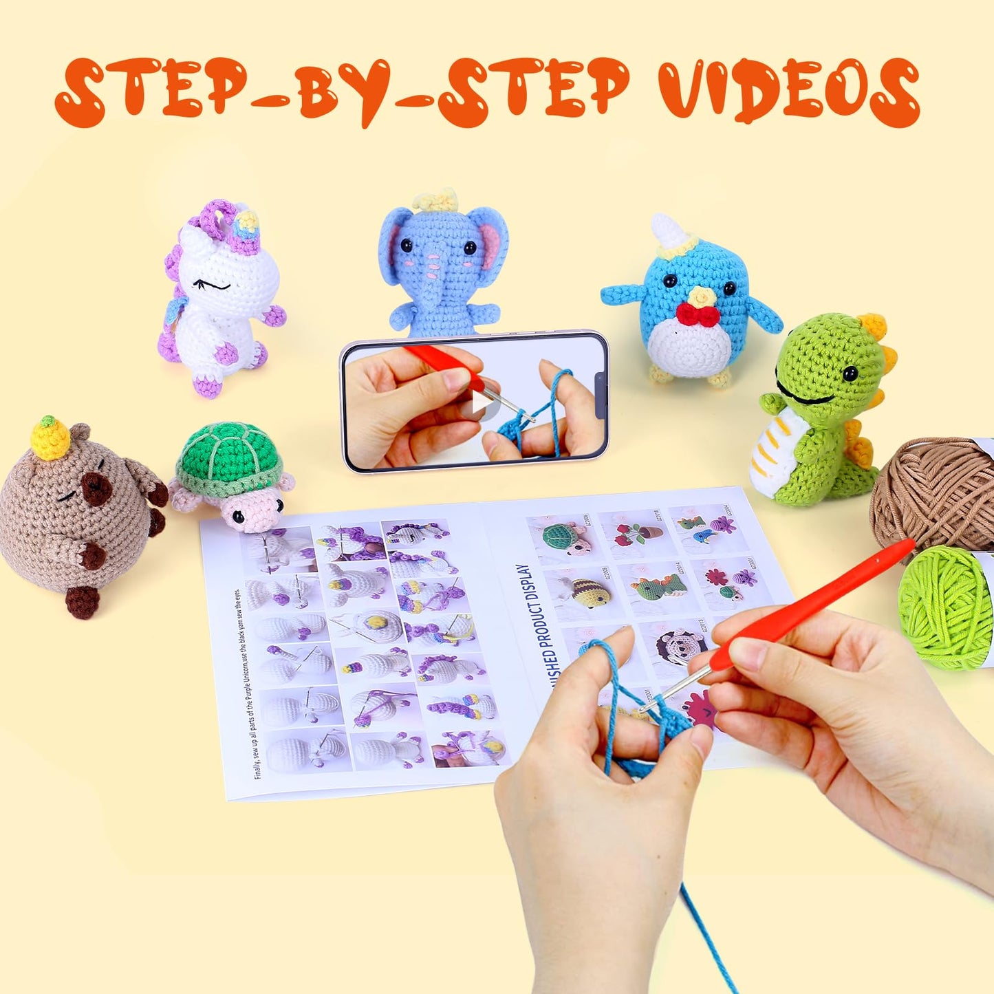 Knitting Kit for Beginners with 6 Pcs Crochet Animal Kit for Beginners in Step by Step Video Tutorials, Beginner Crochet Kit for Adults (Green)