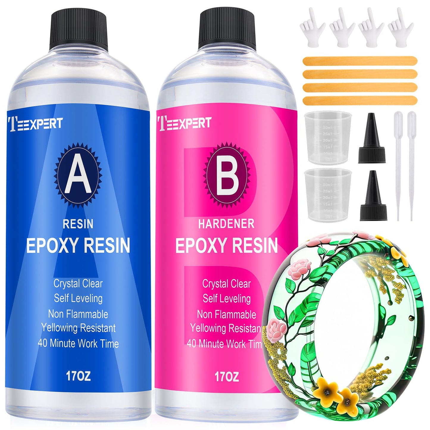Crystal Clear Epoxy Resin: 34oz Kit, Yellowing Resistant, Fast Curing for Casting, Coating, Art, DIY, Craft, Jewelry, Wood, Table - 2 Part(17oz Resin and 17oz Hardener)